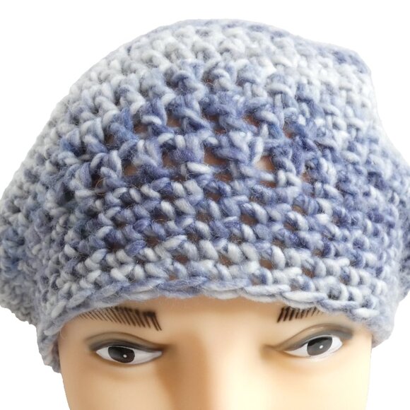 Blue Wool Slouchy Cap Striped Hat Baggy Beanie Handmade Crochet Hand Knit USA OS - Picture 2 of 7